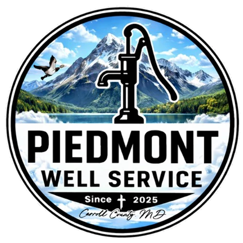 Piedmont Well Service logo: a hand pump before mountains, Since 2025, Carroll County, MD
